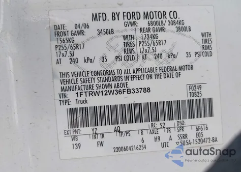 2006 Ford F-150 Xlt z USA, uszkodzony, nr VIN 1FTRW12W36FB33788